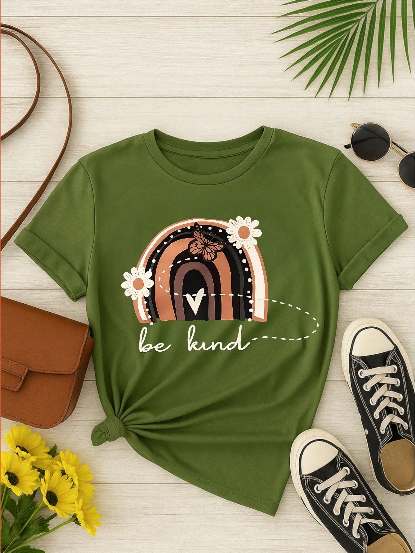 Camiseta Feminina 100% Algodão Blusa T-shirt Babylook Estampa Be Kind Arco Íris Casual P-GG