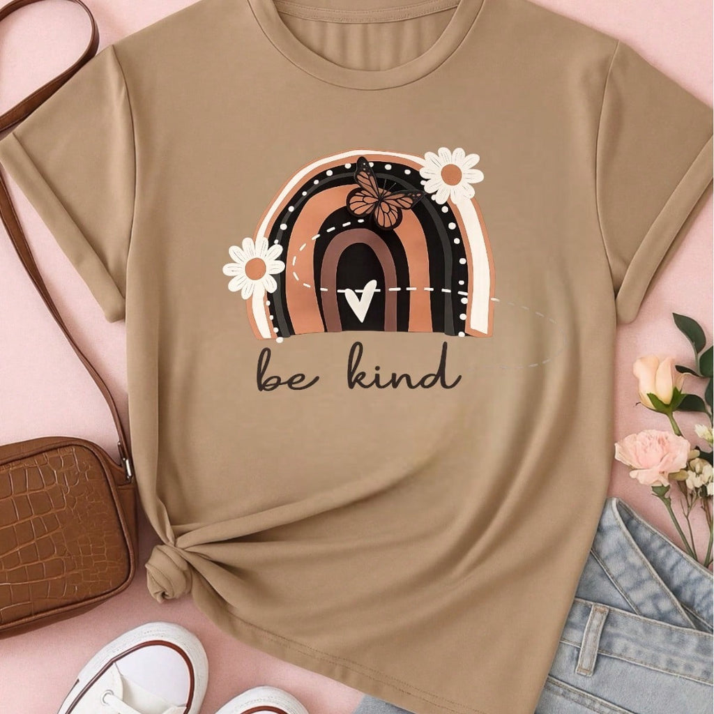 Camiseta Feminina 100% Algodão Blusa T-shirt Babylook Estampa Be Kind Arco Íris Casual P-GG
