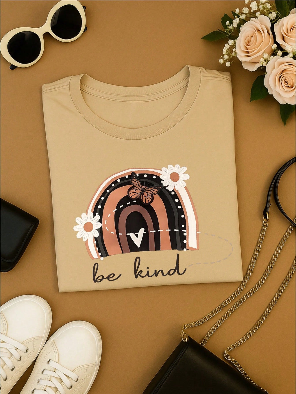 Camiseta Feminina 100% Algodão Blusa T-shirt Babylook Estampa Be Kind Arco Íris Casual P-GG