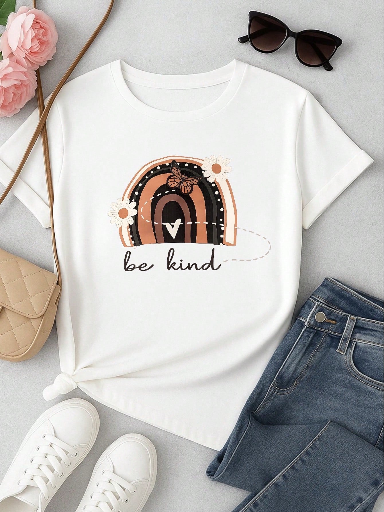 Camiseta Feminina 100% Algodão Blusa T-shirt Babylook Estampa Be Kind Arco Íris Casual P-GG