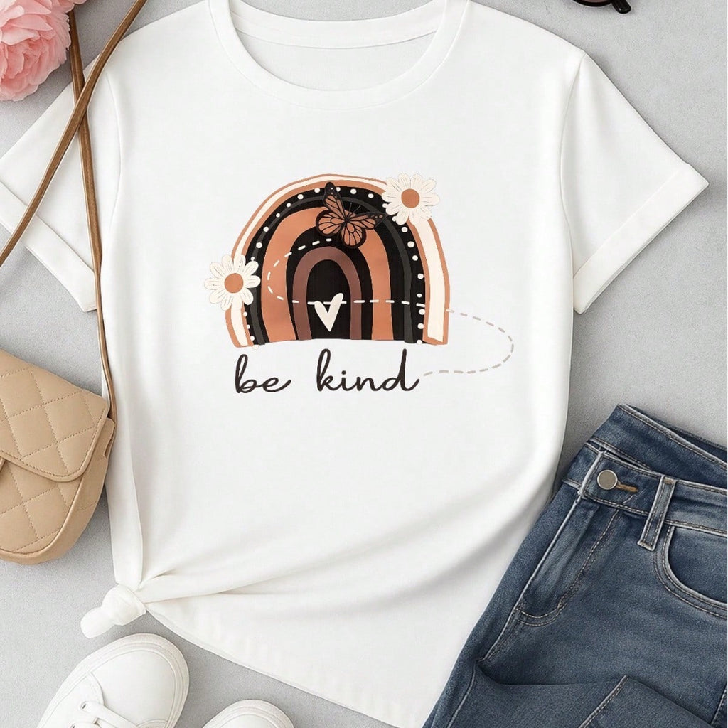 Camiseta Feminina 100% Algodão Blusa T-shirt Babylook Estampa Be Kind Arco Íris Casual P-GG