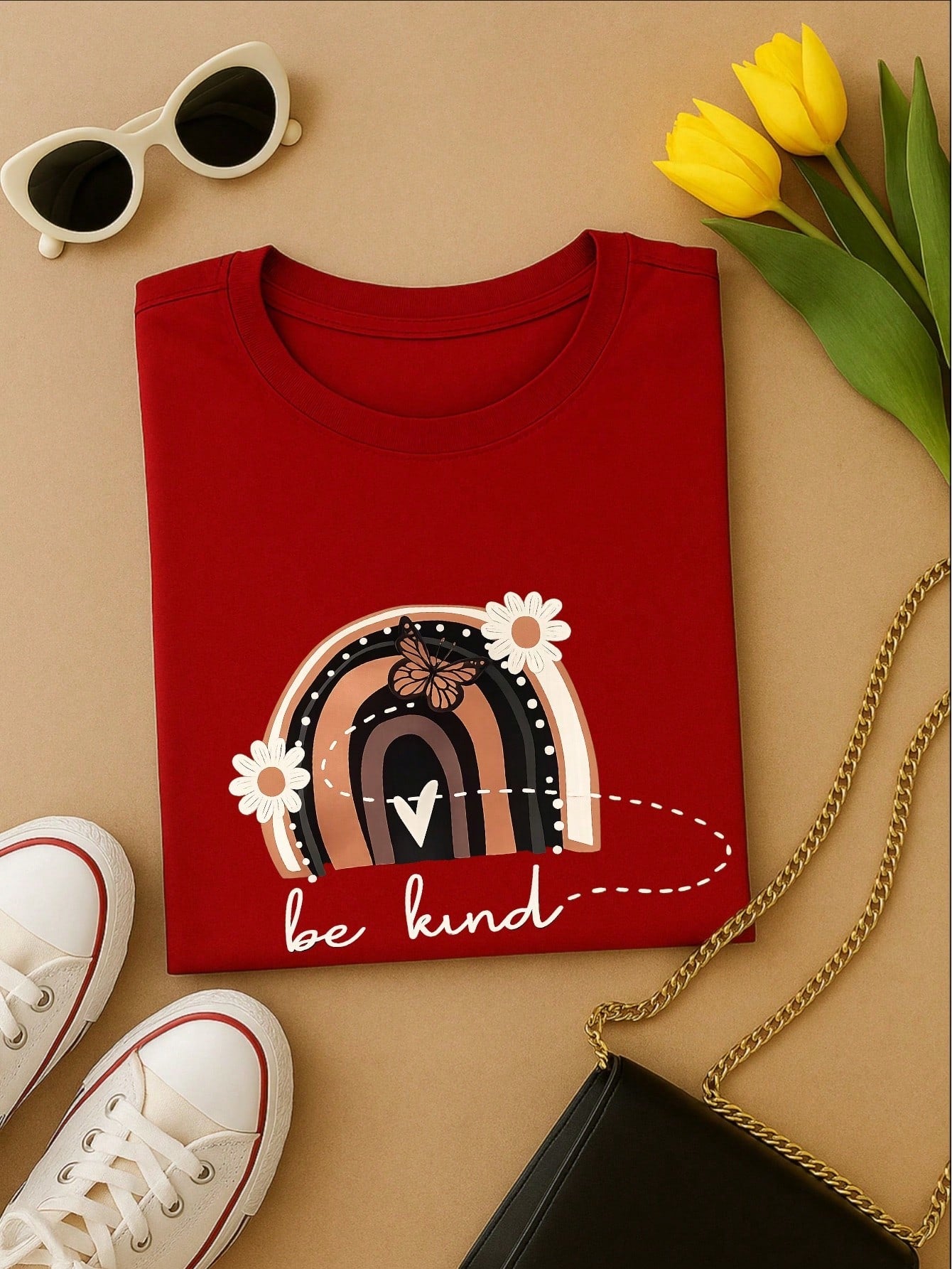 Camiseta Feminina 100% Algodão Blusa T-shirt Babylook Estampa Be Kind Arco Íris Casual P-GG