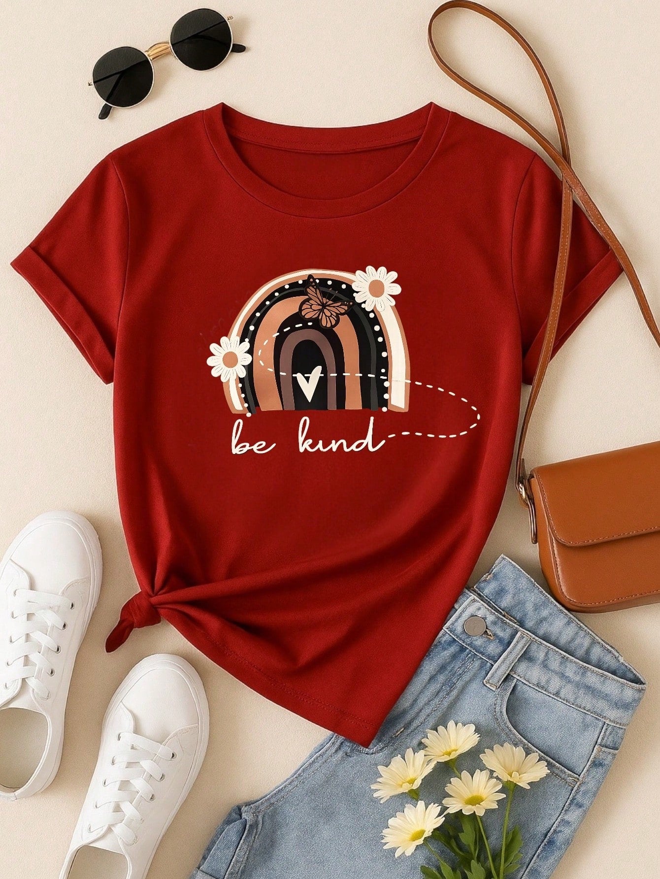Camiseta Feminina 100% Algodão Blusa T-shirt Babylook Estampa Be Kind Arco Íris Casual P-GG
