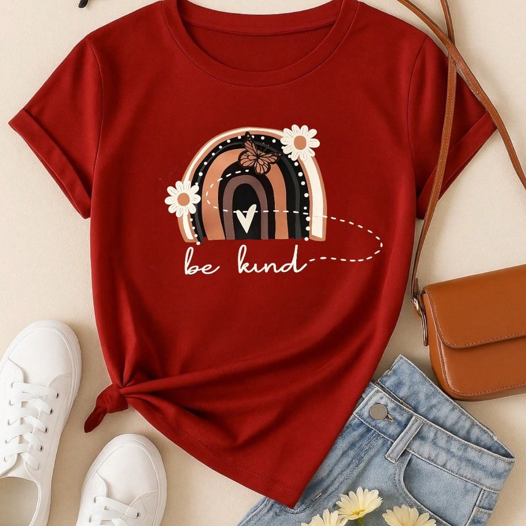 Camiseta Feminina 100% Algodão Blusa T-shirt Babylook Estampa Be Kind Arco Íris Casual P-GG