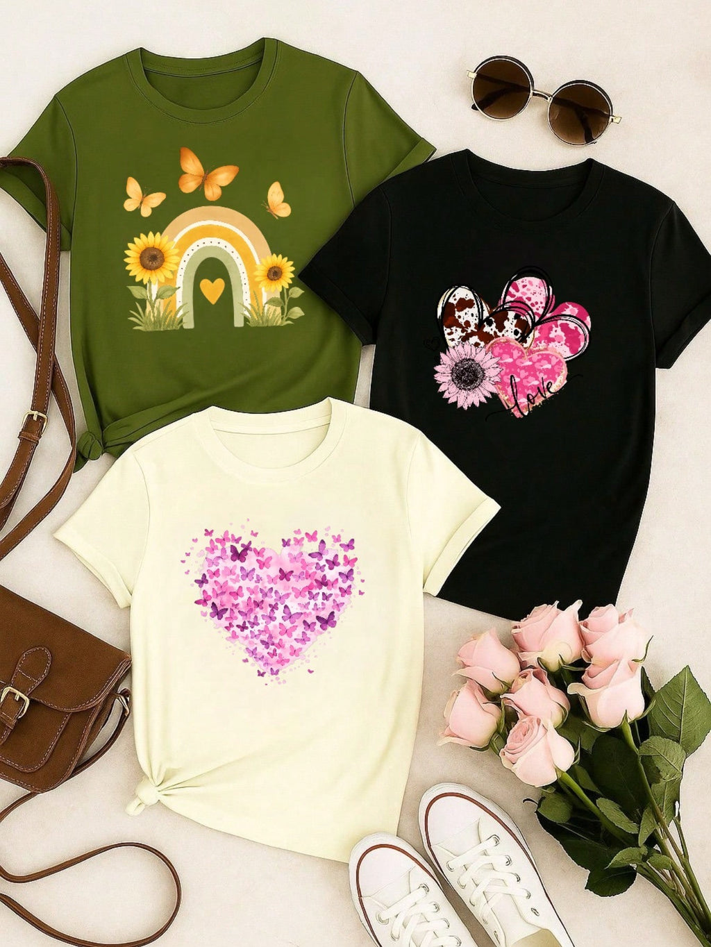 Kit 3 Blusas Femininas Estampadas Casual – Manga Curta, Confortável, Dia a Dia