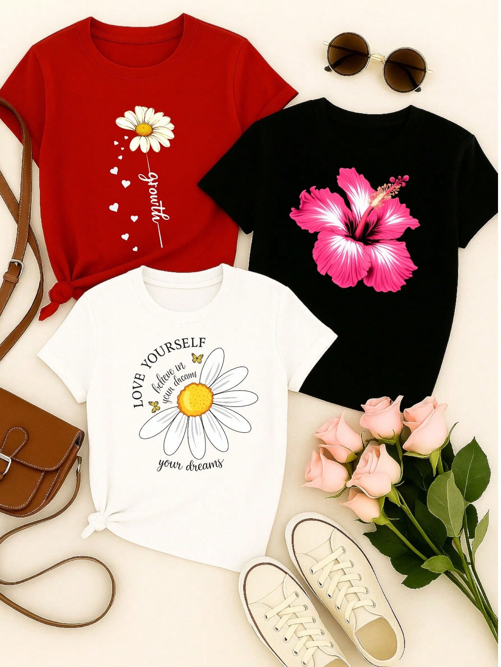 Kit 3 Blusas Femininas Estampadas Floral Casual – Manga Curta e Confortável