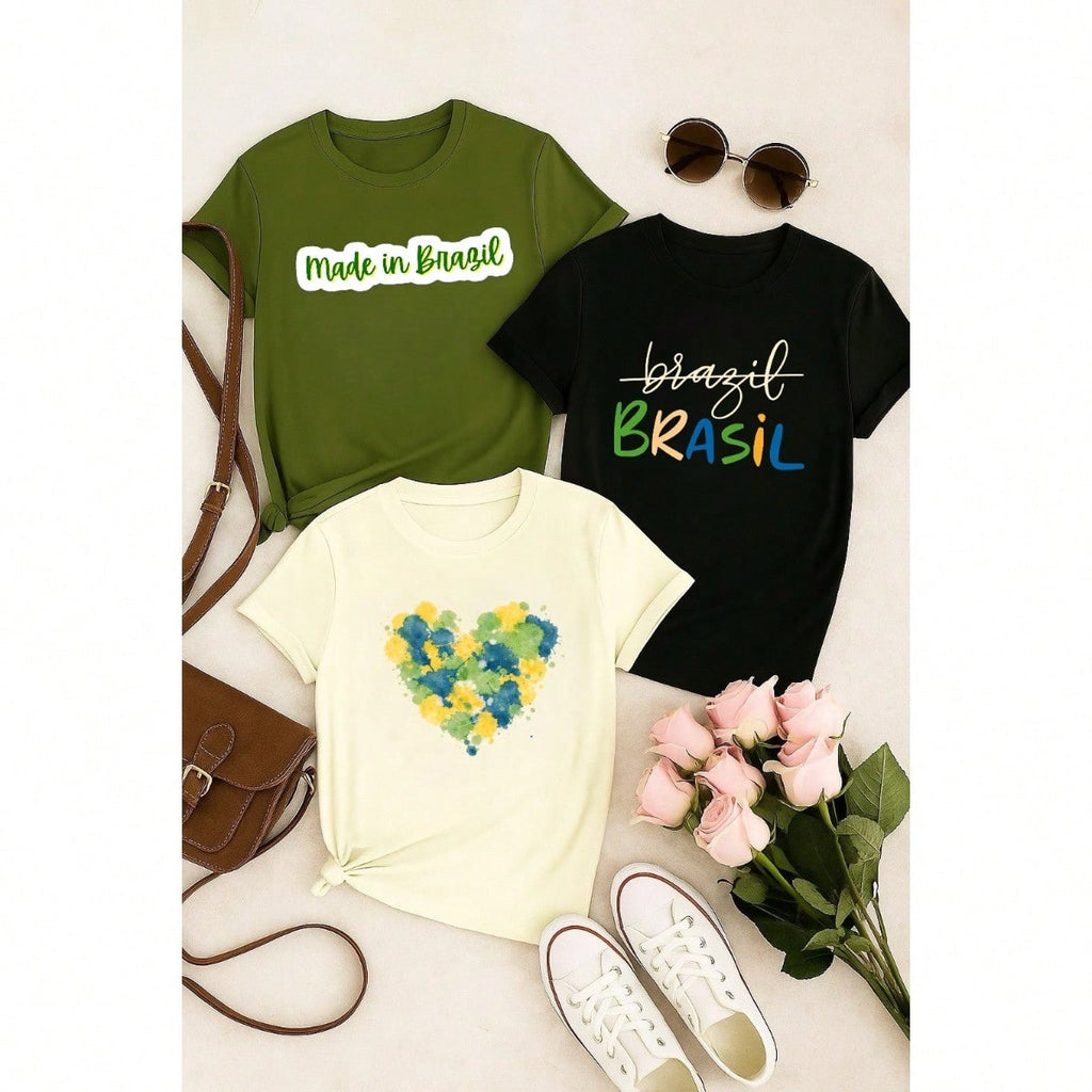 Kit 3 Blusas Femininas Estampadas Brasil 100% Algodão – Copa do Mundo Casual