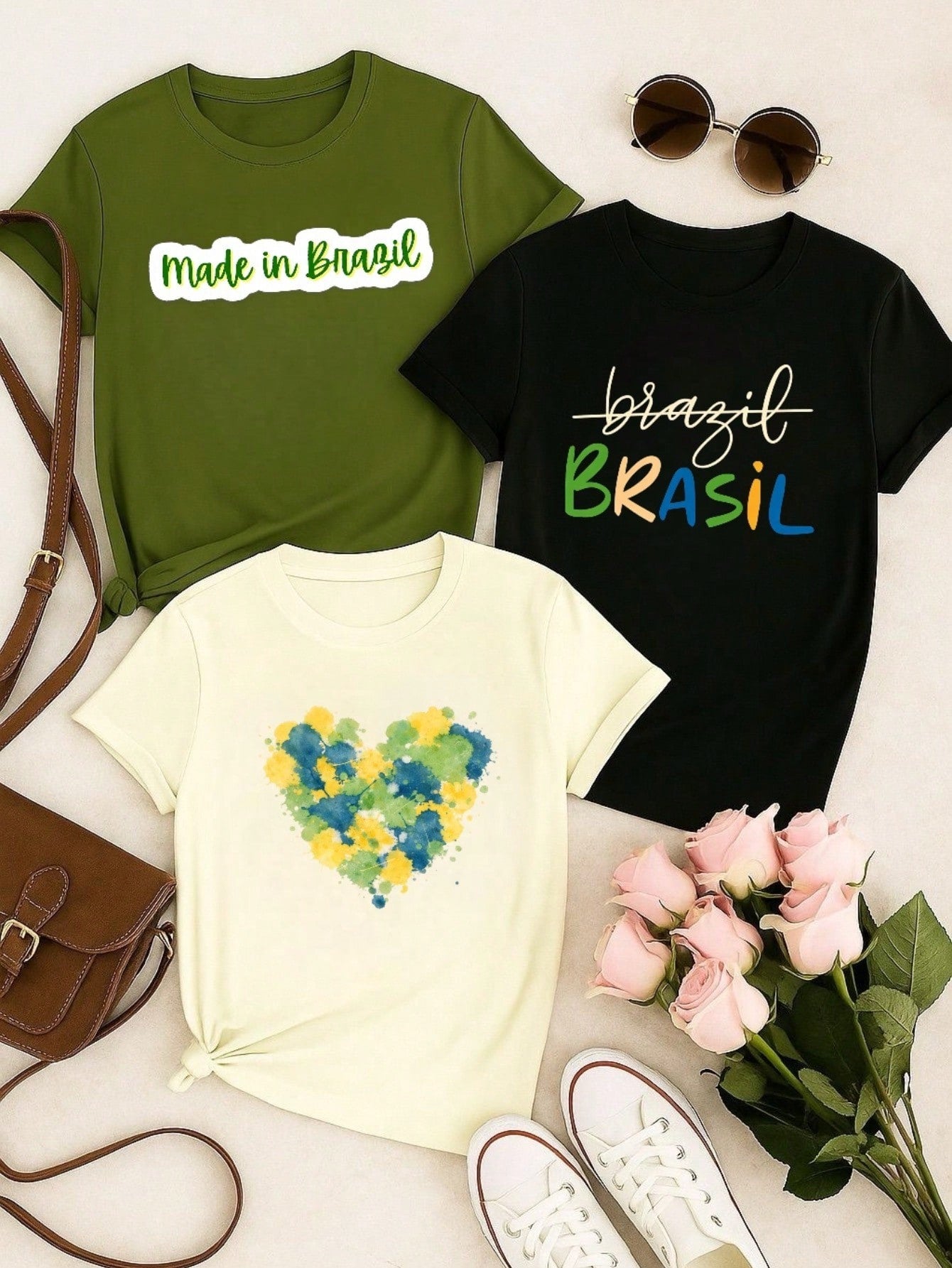 Kit 3 Blusas Femininas Estampadas Brasil 100% Algodão – Copa do Mundo Casual
