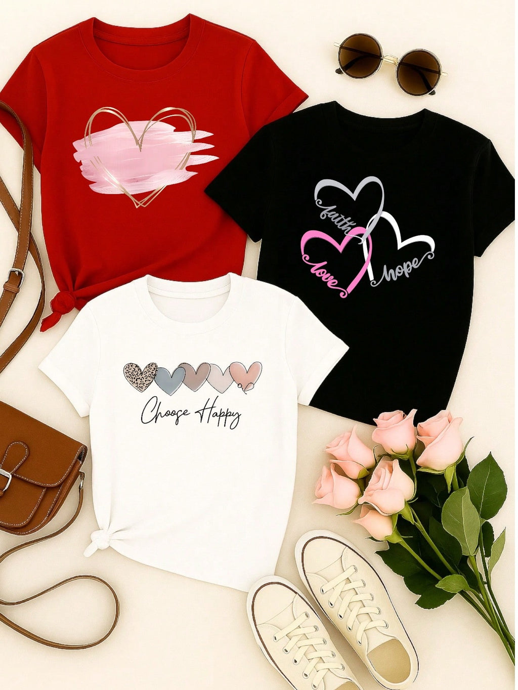 Kit 3 Camisetas Femininas 100% Algodão Estampa Coração Casual Presente Feminino