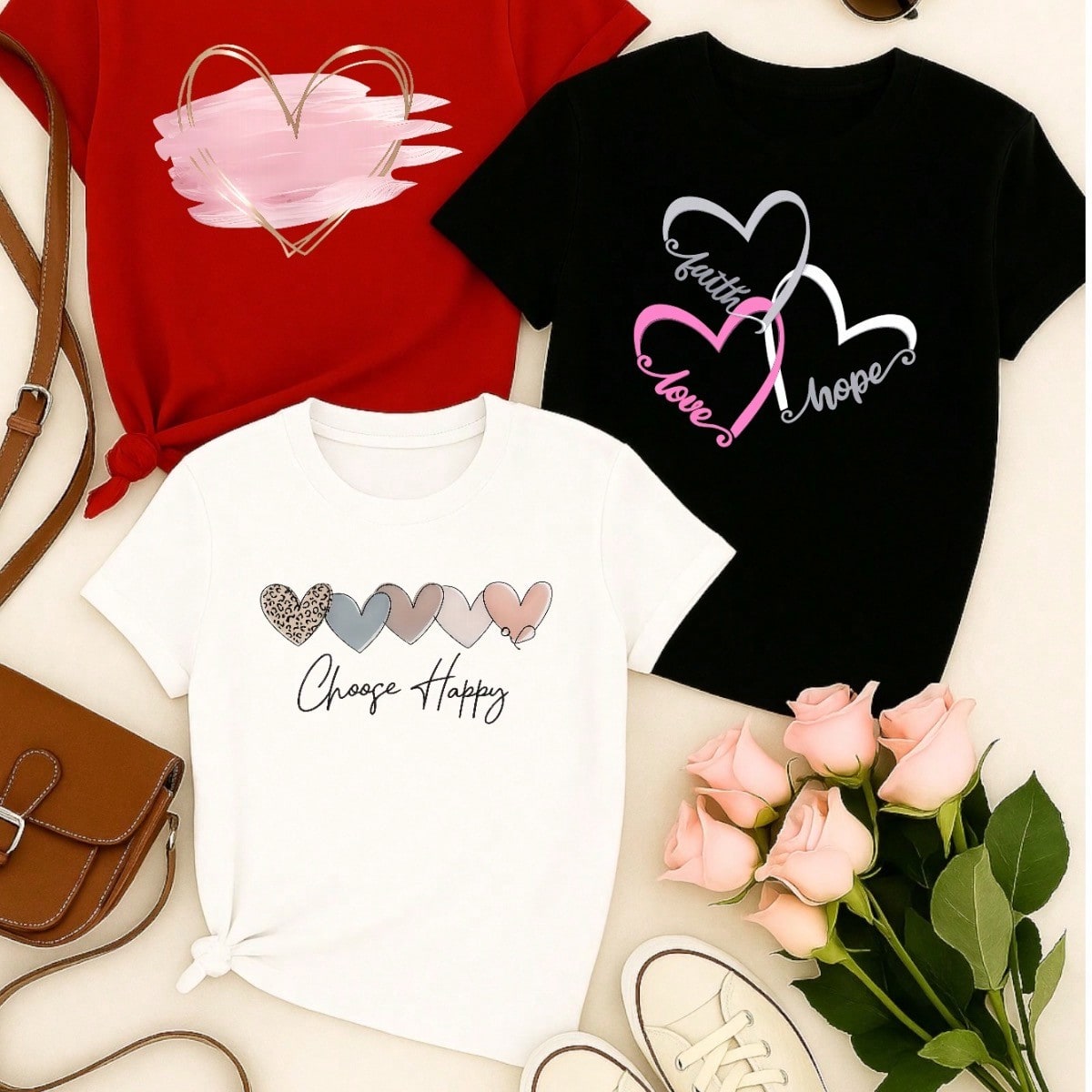 Kit 3 Camisetas Femininas 100% Algodão Estampa Coração Casual Presente Feminino