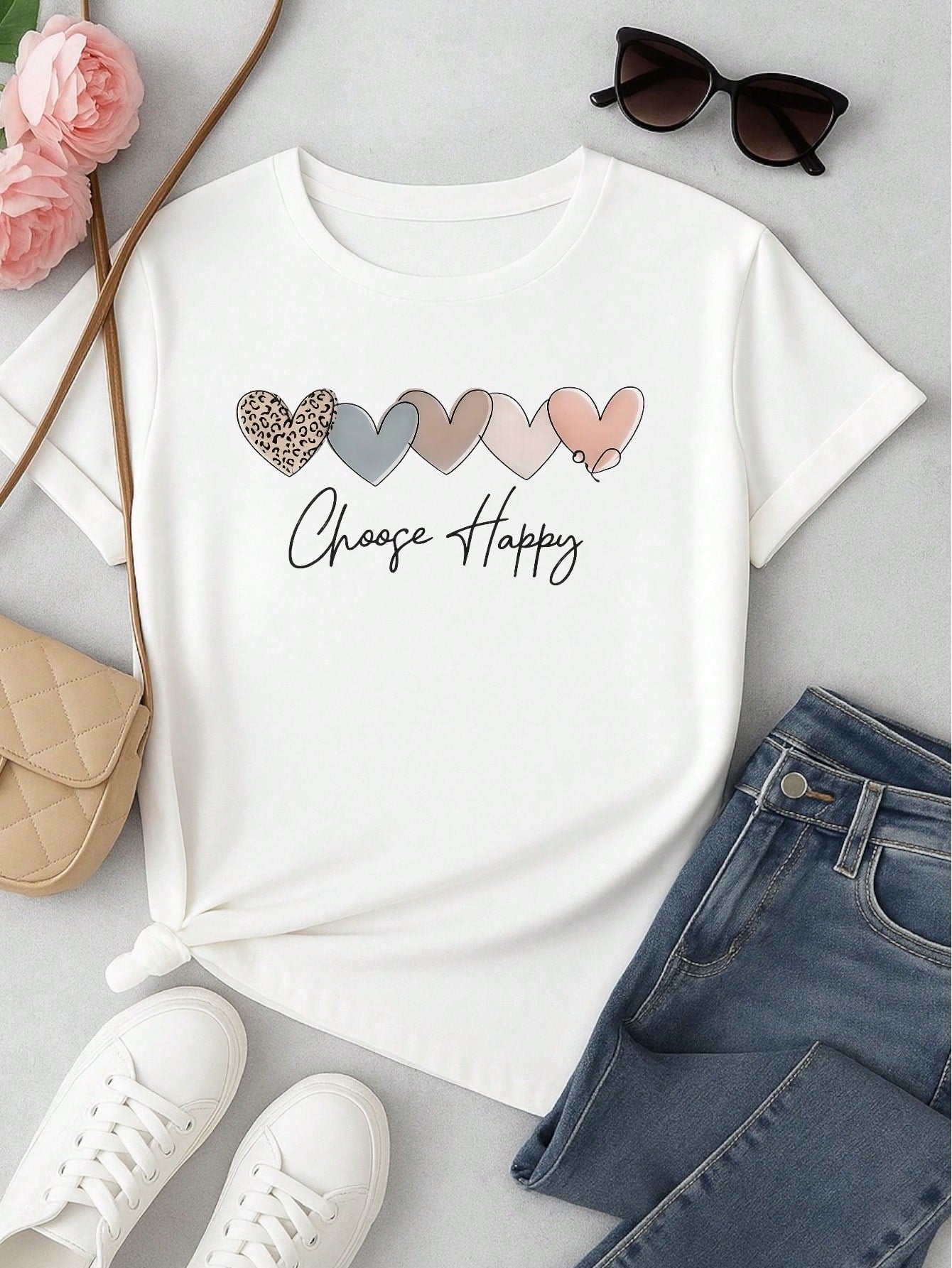 Kit 3 Camisetas Femininas 100% Algodão Estampa Coração Casual Presente Feminino