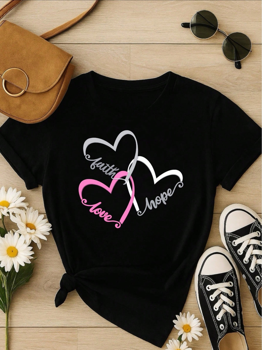 Kit 3 Camisetas Femininas 100% Algodão Estampa Coração Casual Presente Feminino