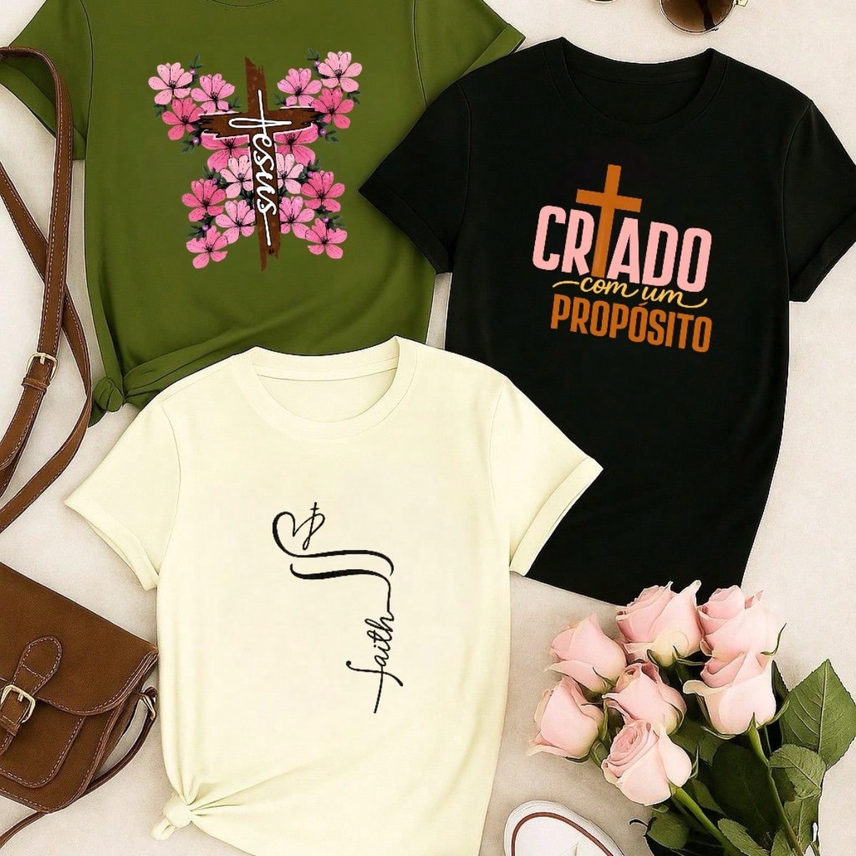 Kit 3 Camisetas Femininas 100% Algodão Estampa Coração Casual Presente Feminino