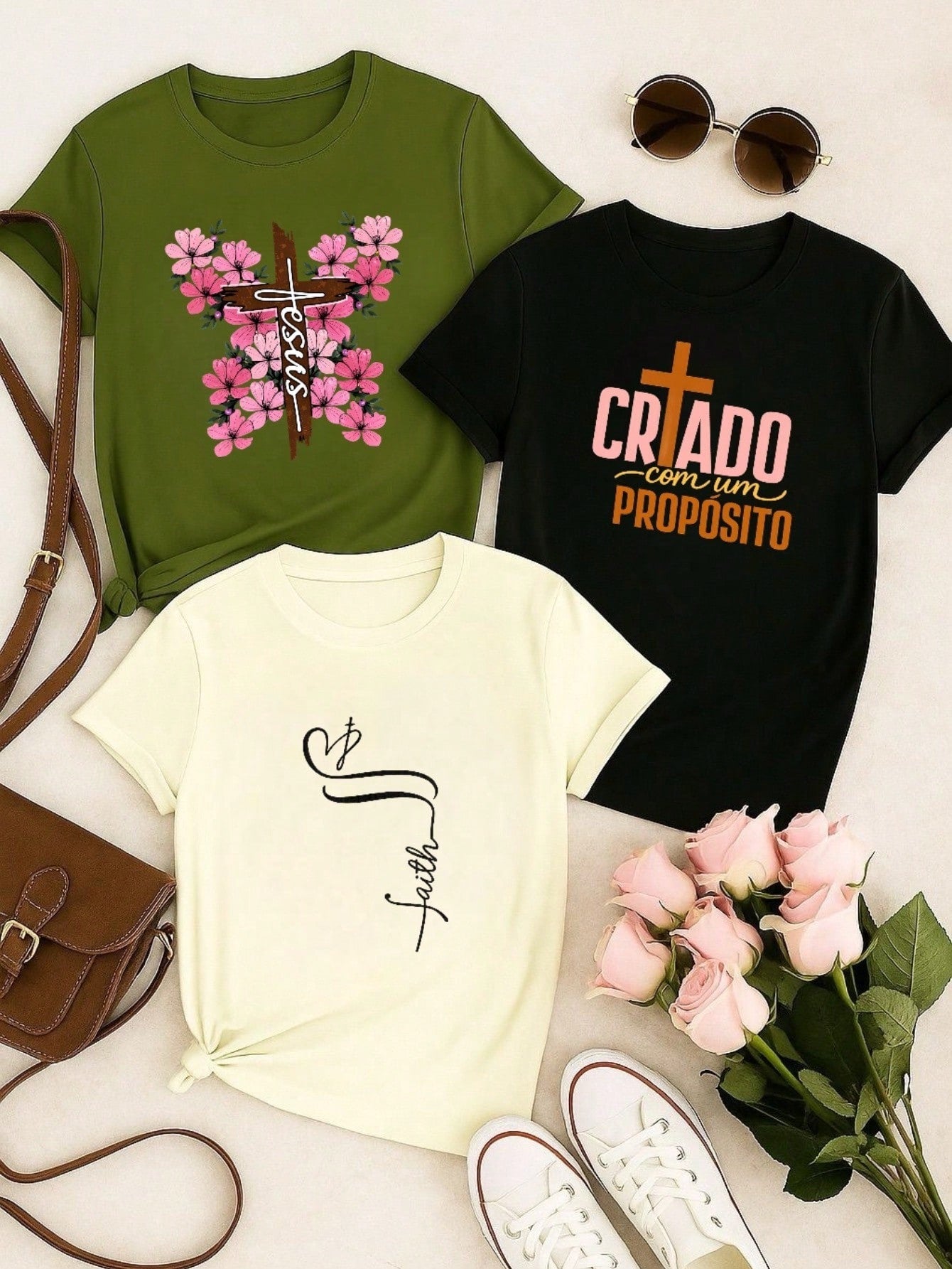 Kit 3 Camisetas Femininas 100% Algodão Estampa Coração Casual Presente Feminino