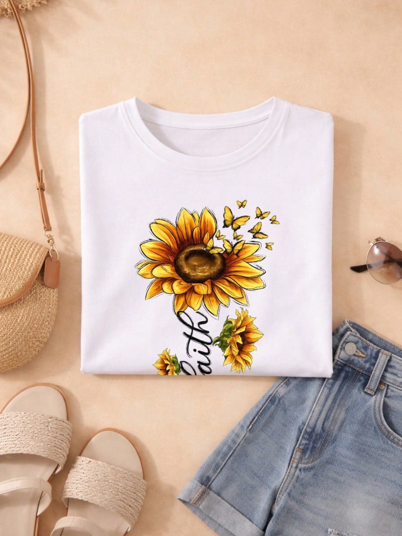 Blusa Feminina Estampa Fé Girassol 100% Algodão Casual | P ao GG