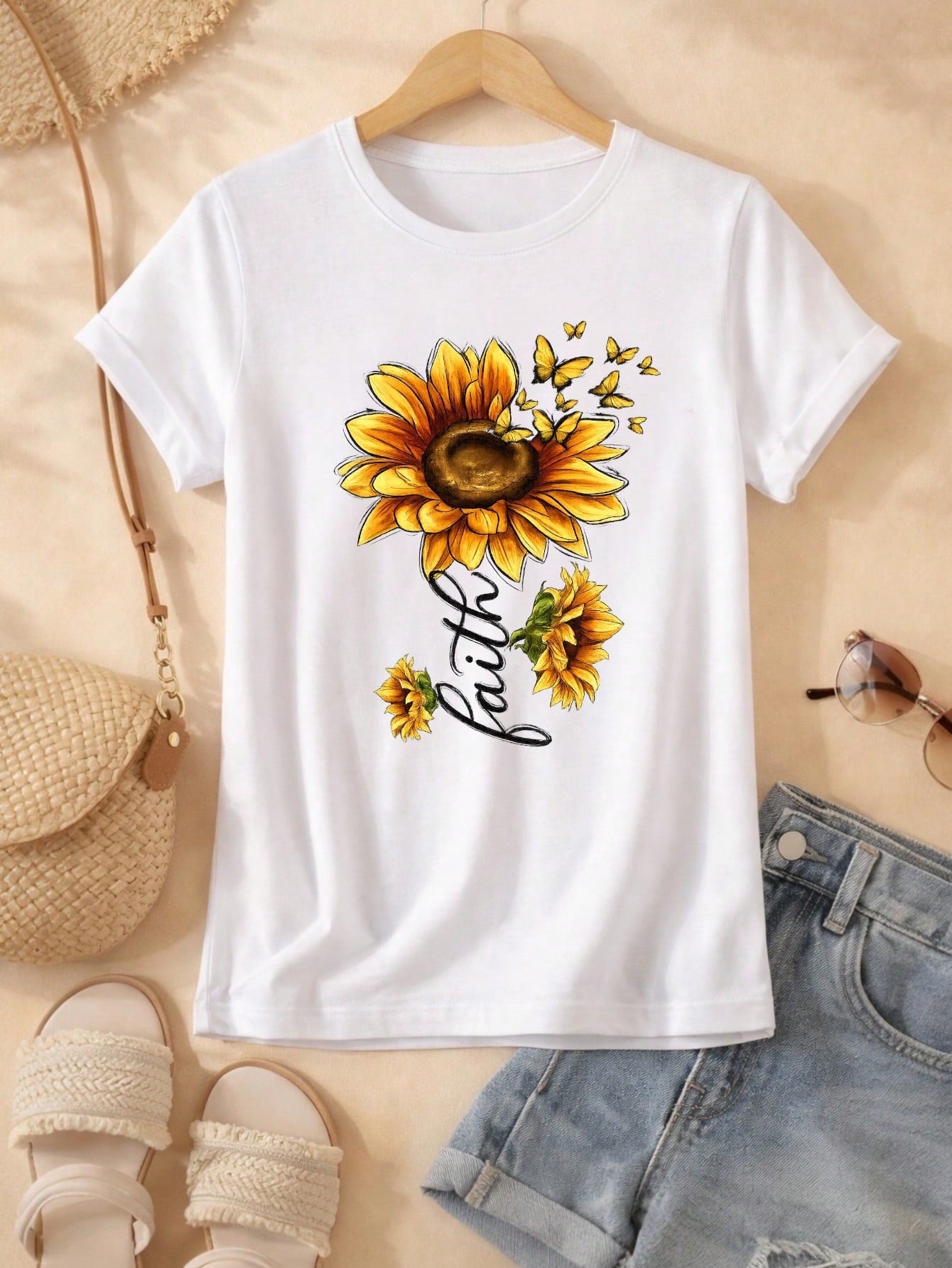 Blusa Feminina Estampa Fé Girassol 100% Algodão Casual | P ao GG