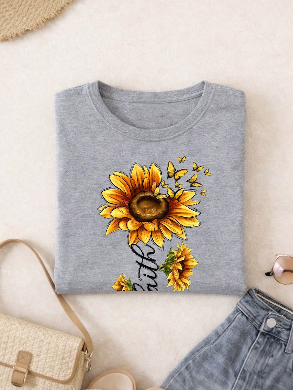 Blusa Feminina Estampa Fé Girassol 100% Algodão Casual | P ao GG