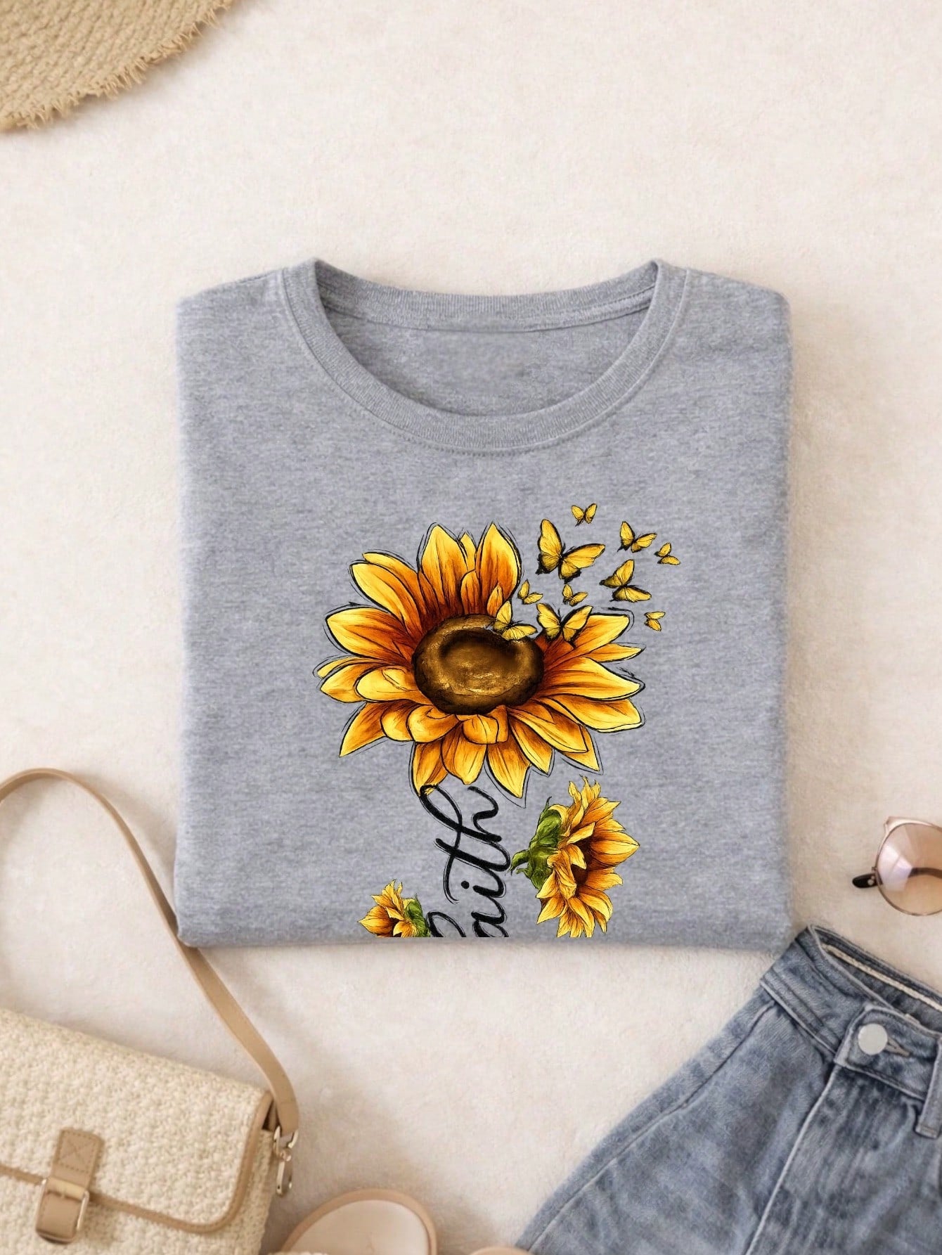 Blusa Feminina Estampa Fé Girassol 100% Algodão Casual | P ao GG