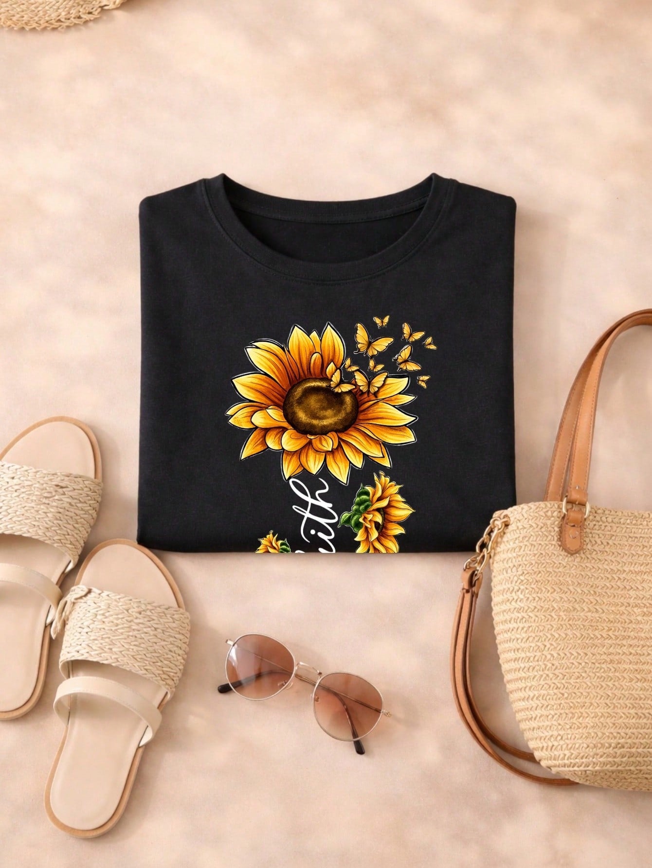 Blusa Feminina Estampa Fé Girassol 100% Algodão Casual | P ao GG