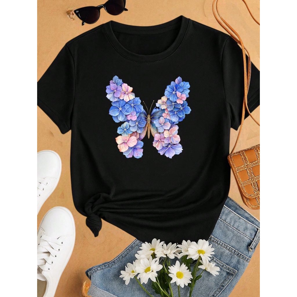 Kit 3 Blusas Femininas 100% Algodão Estampa Coração e Borboleta Floral | Baby Look | P ao GG