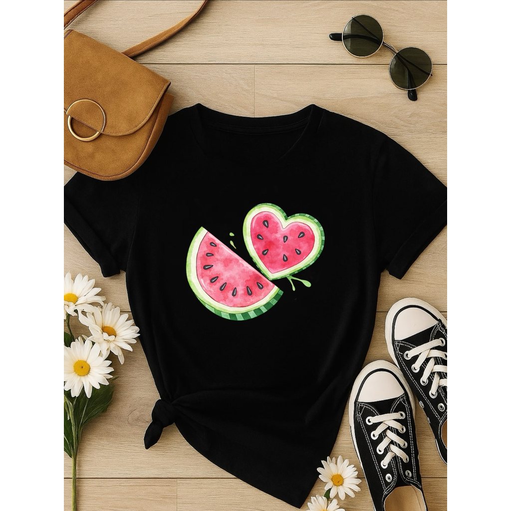 Blus  Feminina 100% Algodão Estampa Melancia Coração | Baby Look | P ao GG