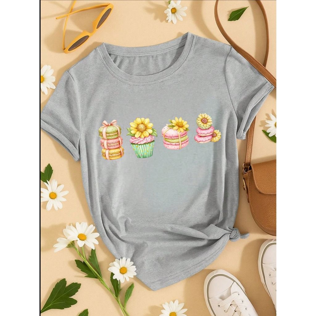 Blusa Feminina 100% Algodão Estampa Cupcake & Macarons Girassol | Cute & Confeitaria | P ao GG