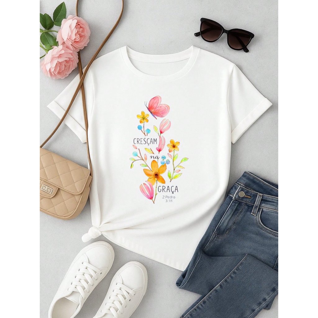 3 Blusas Femininas 100% Algodão Estampa Fé Floral Baby Look | P ao GG