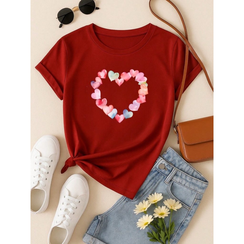 Kit 3 Blusas Femininas 100% Algodão Estampa Coração e Borboleta Floral | Baby Look | P ao GG