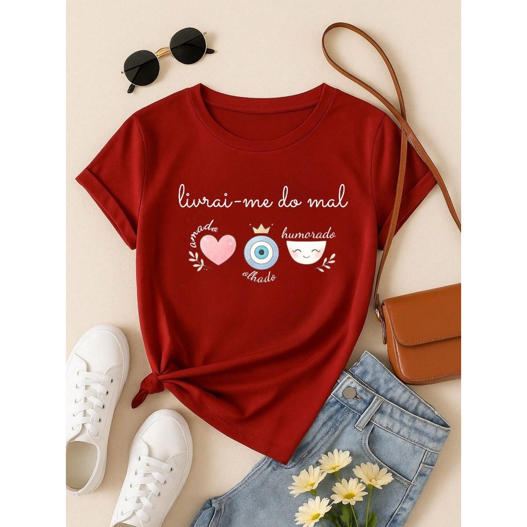 Blusa Feminina Estampa Livrai-me do Mal 100% Algodão Casual | P ao GG