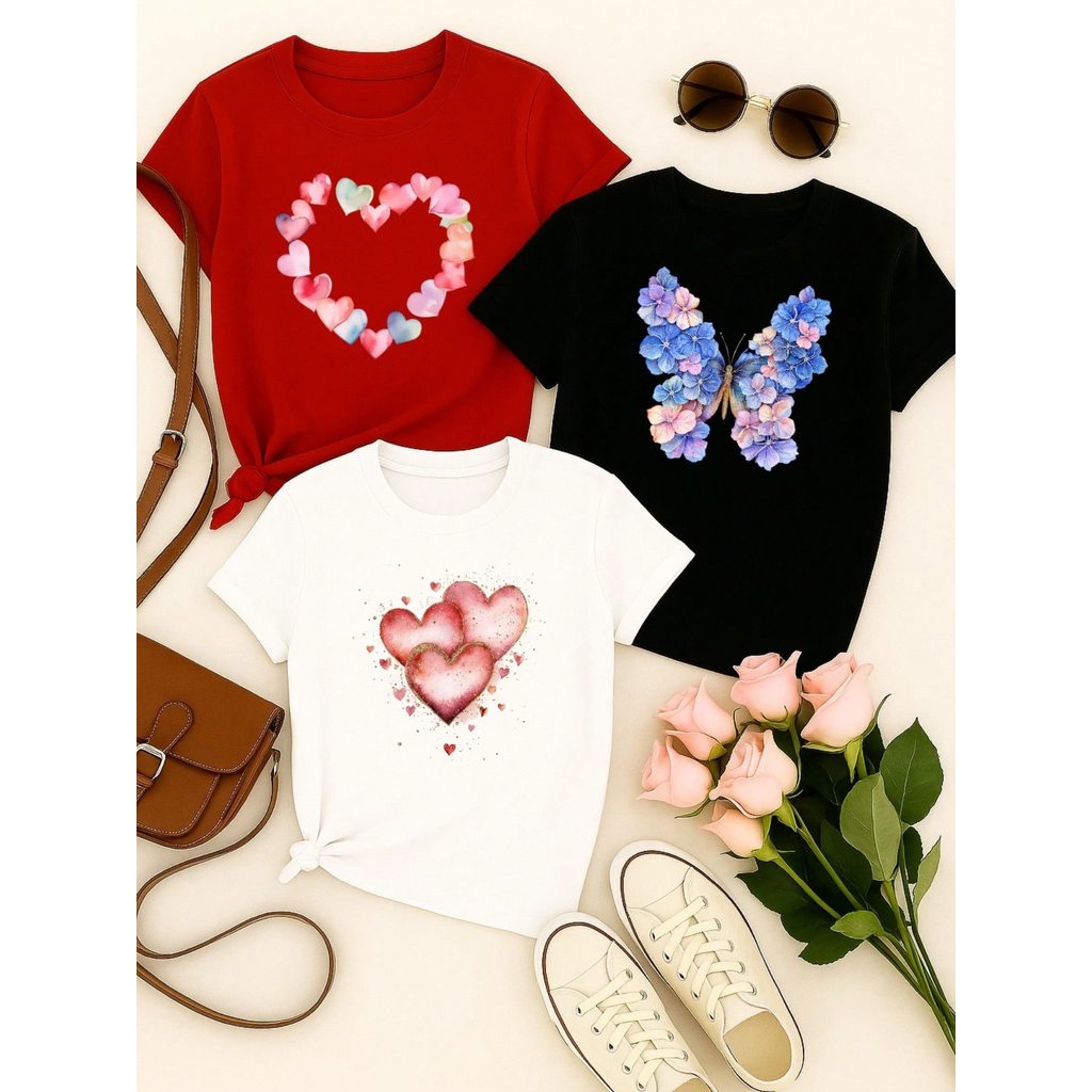 Kit 3 Blusas Femininas 100% Algodão Estampa Coração e Borboleta Floral | Baby Look | P ao GG