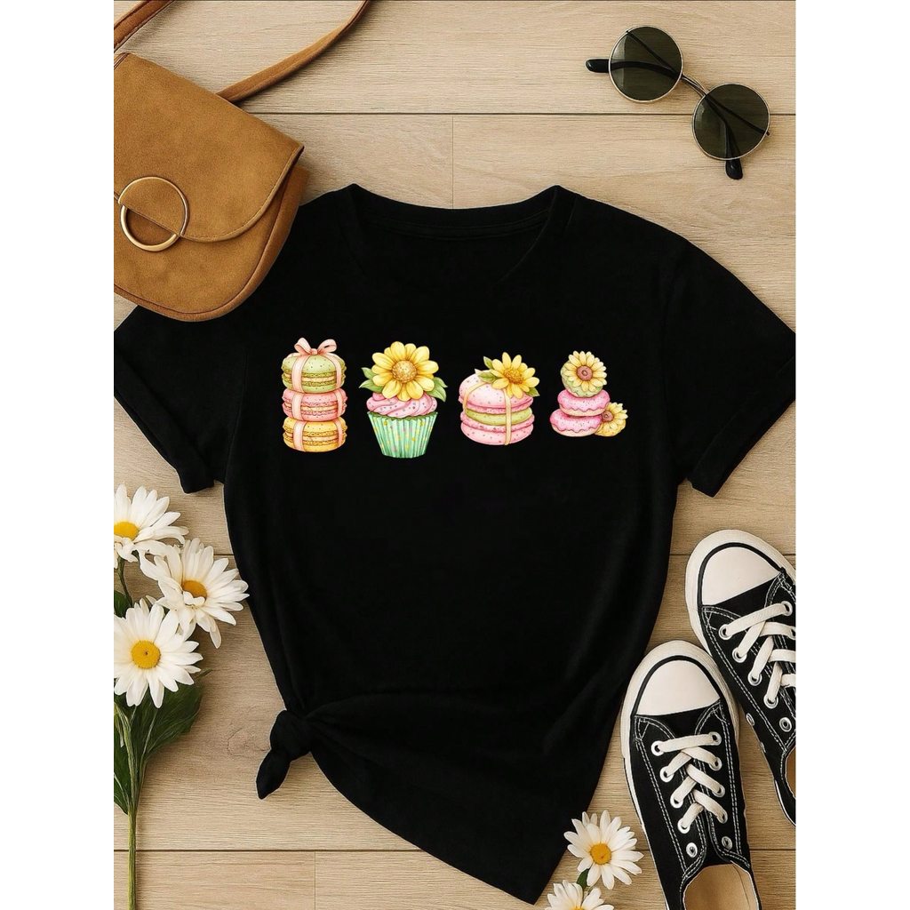 Blusa Feminina 100% Algodão Estampa Cupcake & Macarons Girassol | Cute & Confeitaria | P ao GG