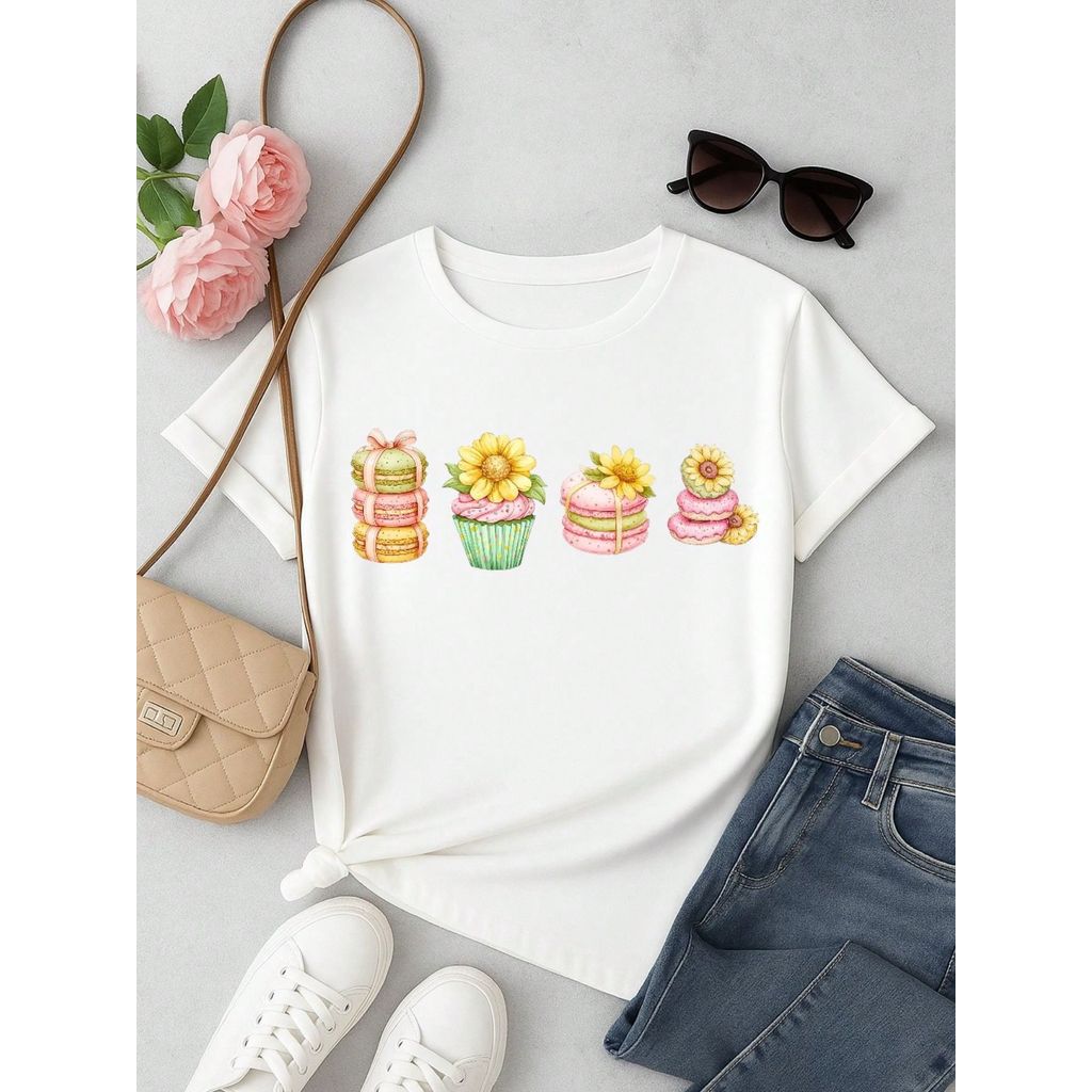 Blusa Feminina 100% Algodão Estampa Cupcake & Macarons Girassol | Cute & Confeitaria | P ao GG