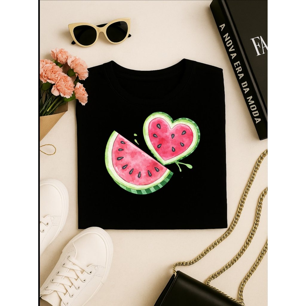Blus  Feminina 100% Algodão Estampa Melancia Coração | Baby Look | P ao GG