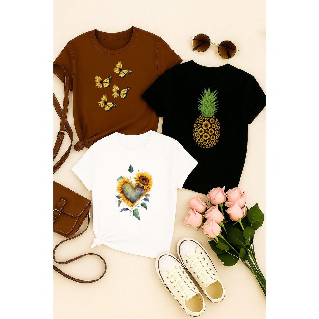 Kit 3 Blusas Femininas 100% Algodão Estampa Girassol Borboleta Abacaxi | Baby Look | P ao GG