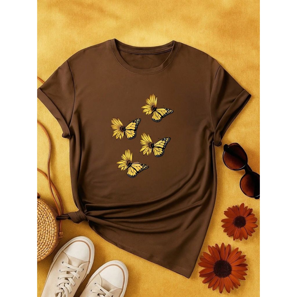 Kit 3 Blusas Femininas 100% Algodão Estampa Girassol Borboleta Abacaxi | Baby Look | P ao GG