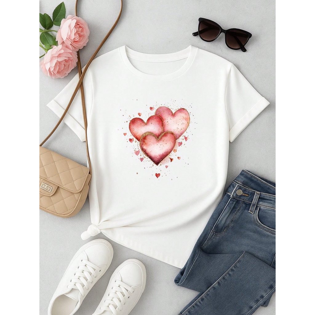 Kit 3 Blusas Femininas 100% Algodão Estampa Coração e Borboleta Floral | Baby Look | P ao GG