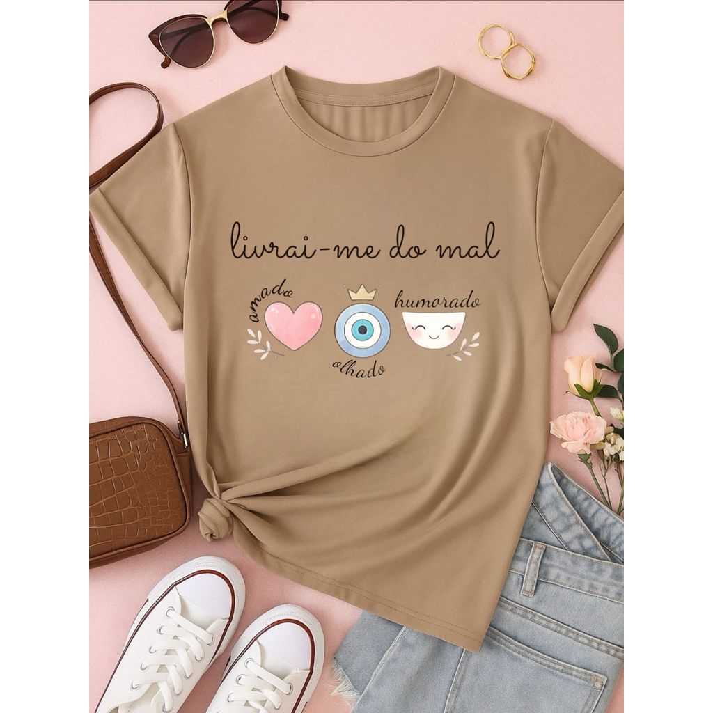 Blusa Feminina Estampa Livrai-me do Mal 100% Algodão Casual | P ao GG