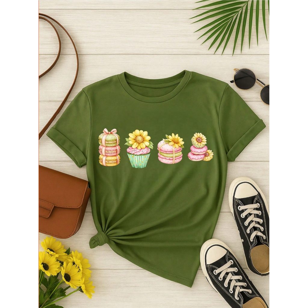 Blusa Feminina 100% Algodão Estampa Cupcake & Macarons Girassol | Cute & Confeitaria | P ao GG