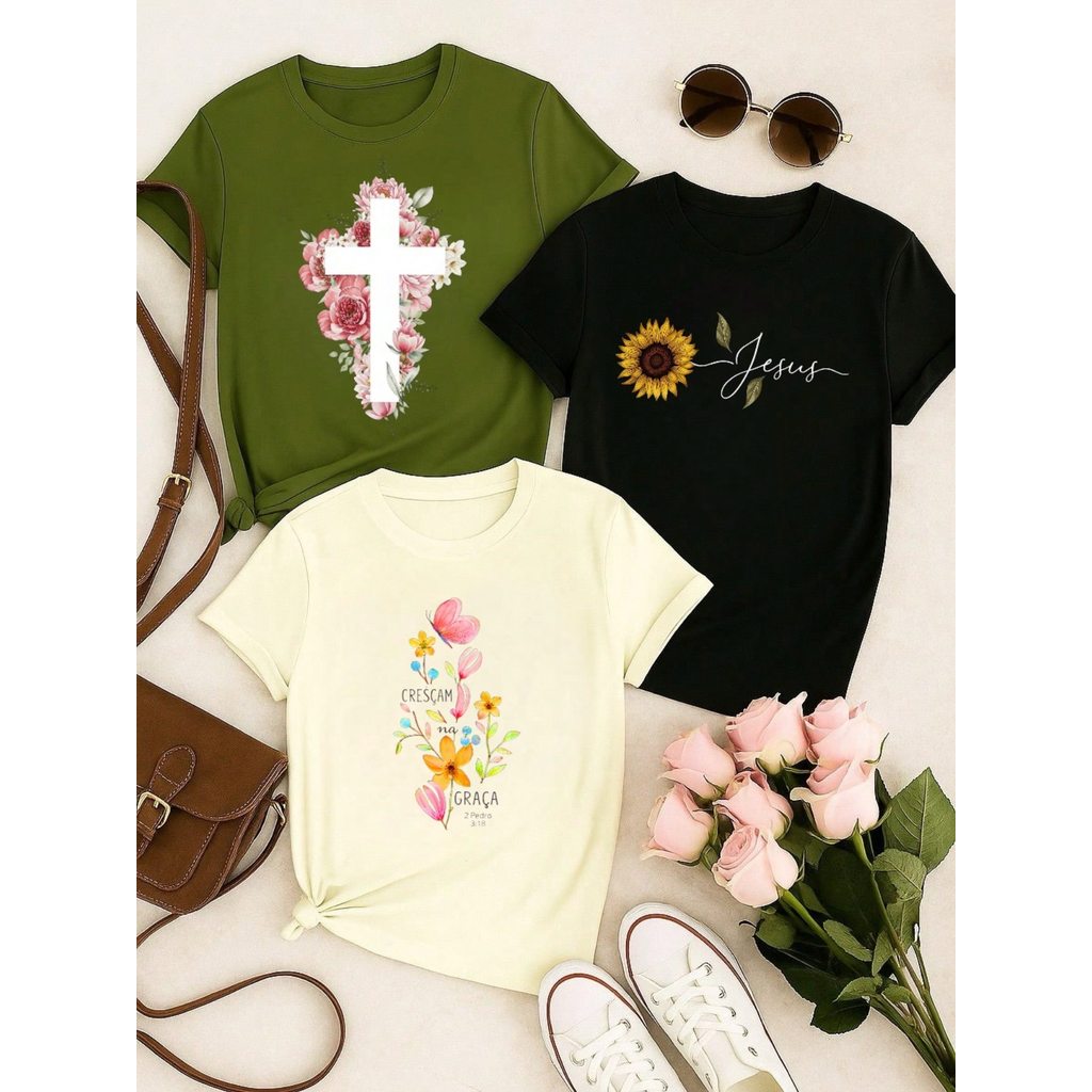 3 Blusas Femininas 100% Algodão Estampa Fé Floral Baby Look | P ao GG