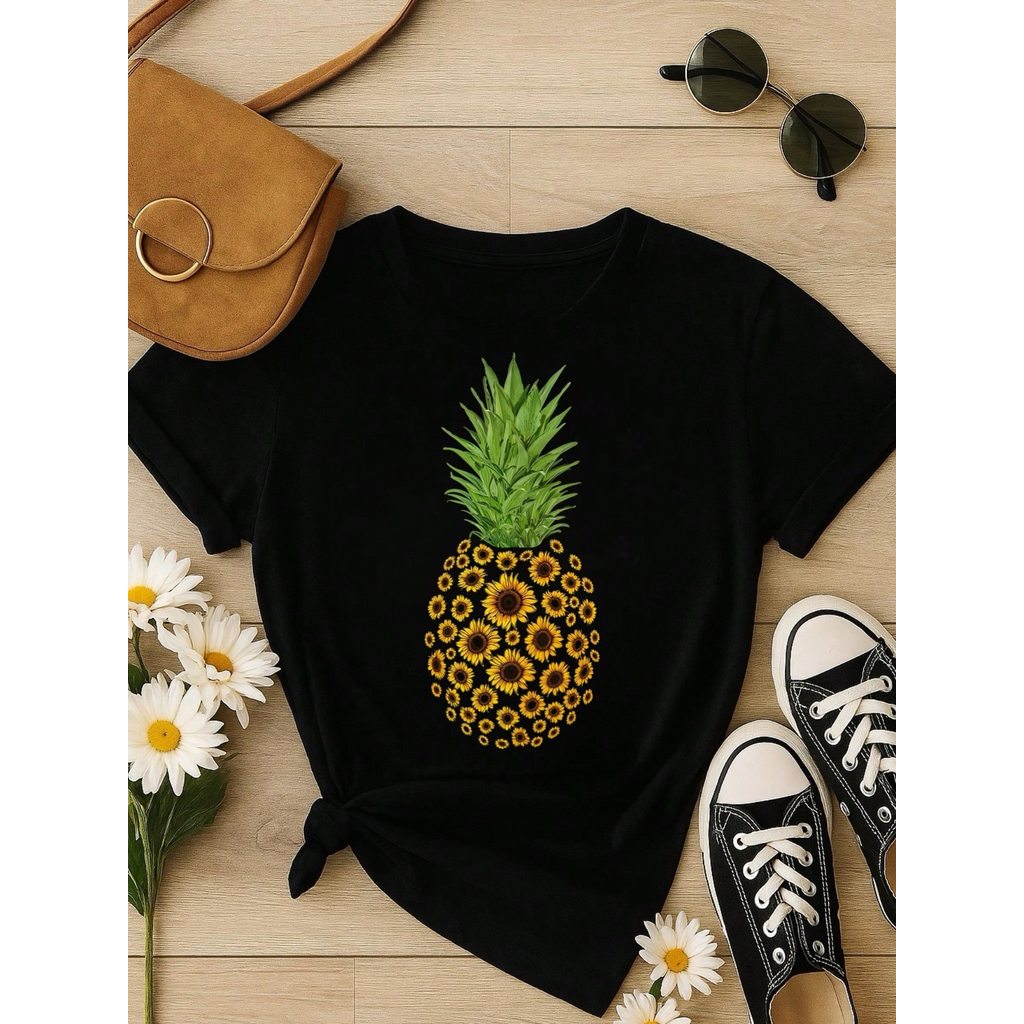 Kit 3 Blusas Femininas 100% Algodão Estampa Girassol Borboleta Abacaxi | Baby Look | P ao GG