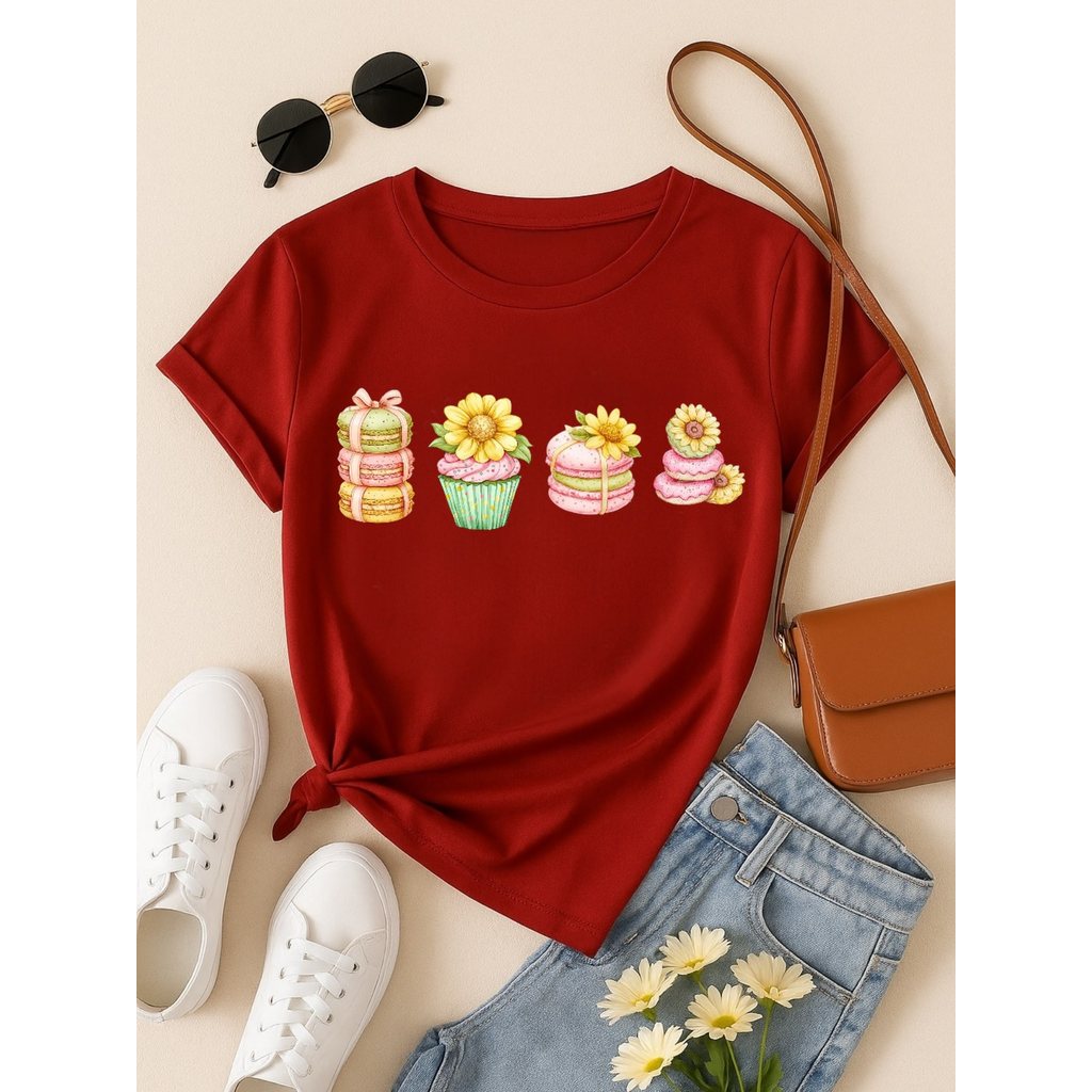 Blusa Feminina 100% Algodão Estampa Cupcake & Macarons Girassol | Cute & Confeitaria | P ao GG