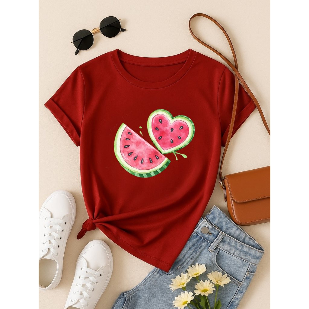 Blus  Feminina 100% Algodão Estampa Melancia Coração | Baby Look | P ao GG