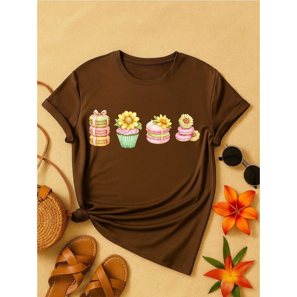 Blusa Feminina 100% Algodão Estampa Cupcake & Macarons Girassol | Cute & Confeitaria | P ao GG