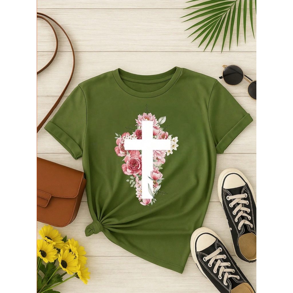 3 Blusas Femininas 100% Algodão Estampa Fé Floral Baby Look | P ao GG