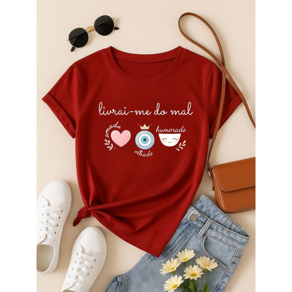 Blusa Feminina Estampa Livrai-me do Mal 100% Algodão Casual | P ao GG