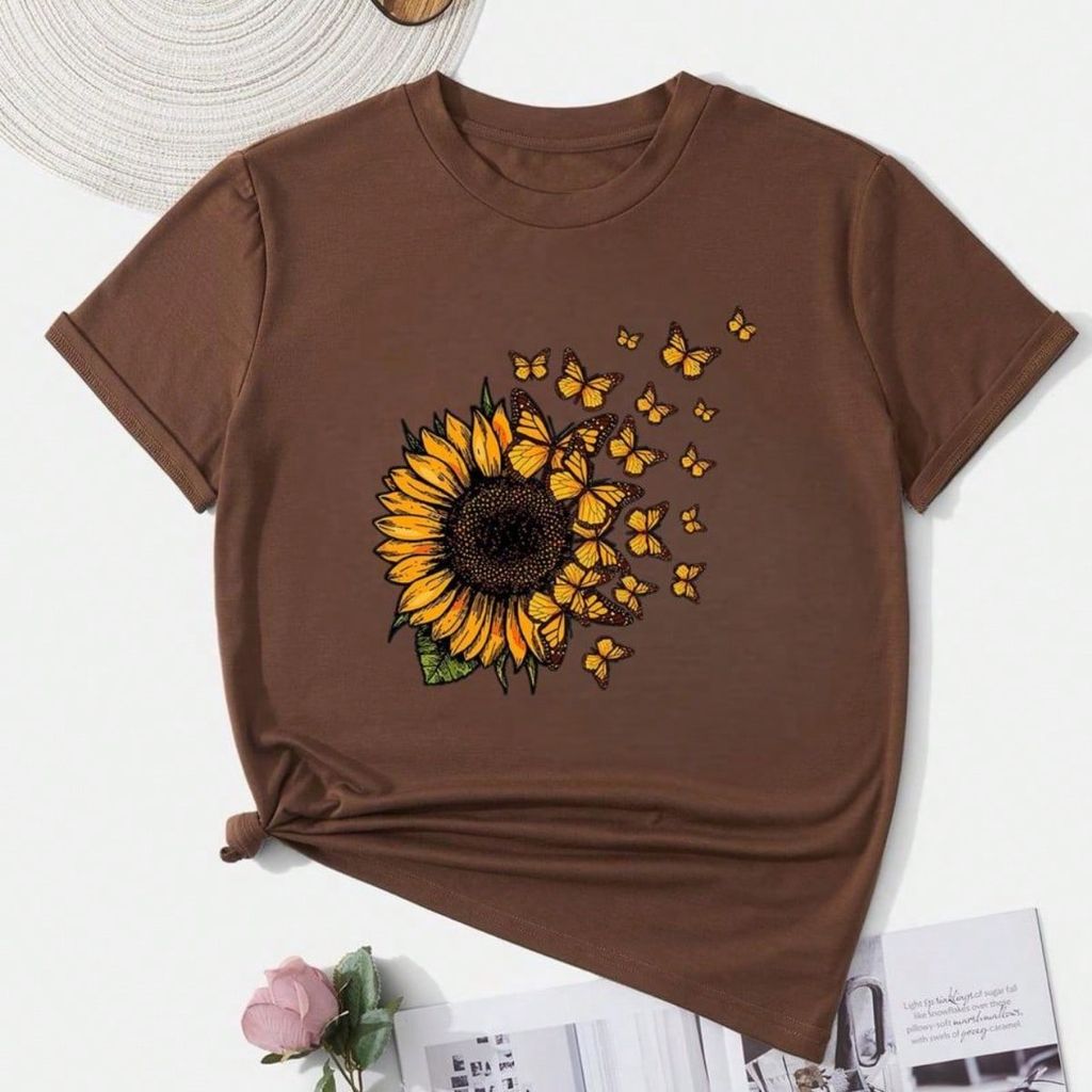 Camiseta T-shirt Flores Girassol Tendencia Amor Babylook 100% Algodão love Fofo
