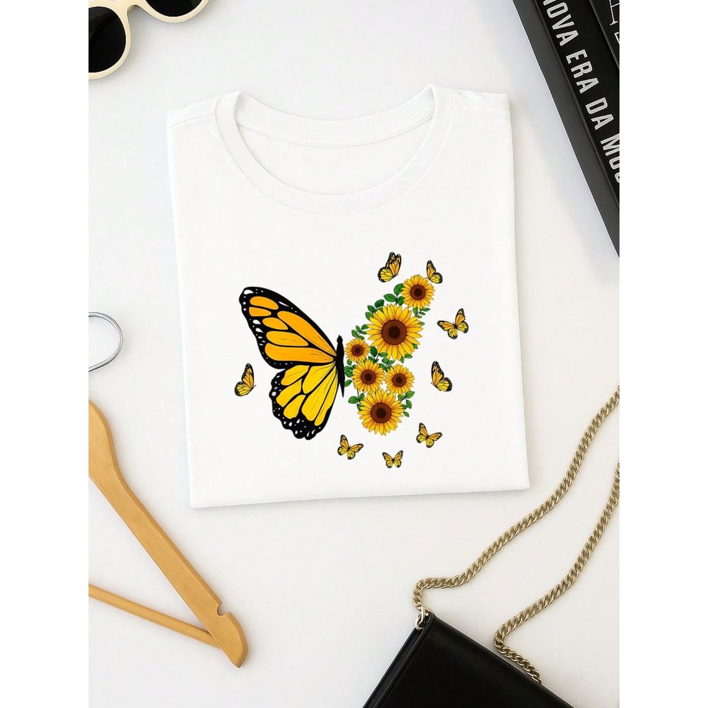 Blusa Feminina 100% Algodão – Borboleta & Girassol, Estampa Premium P M G GG