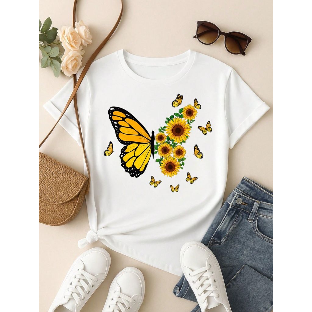 Blusa Feminina 100% Algodão – Borboleta & Girassol, Estampa Premium P M G GG