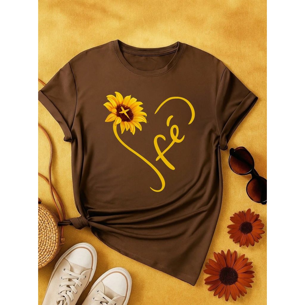 Camiseta Feminina Blusa  100% Algodão Fé – Girassol, Confortável e Estampada P M G GG