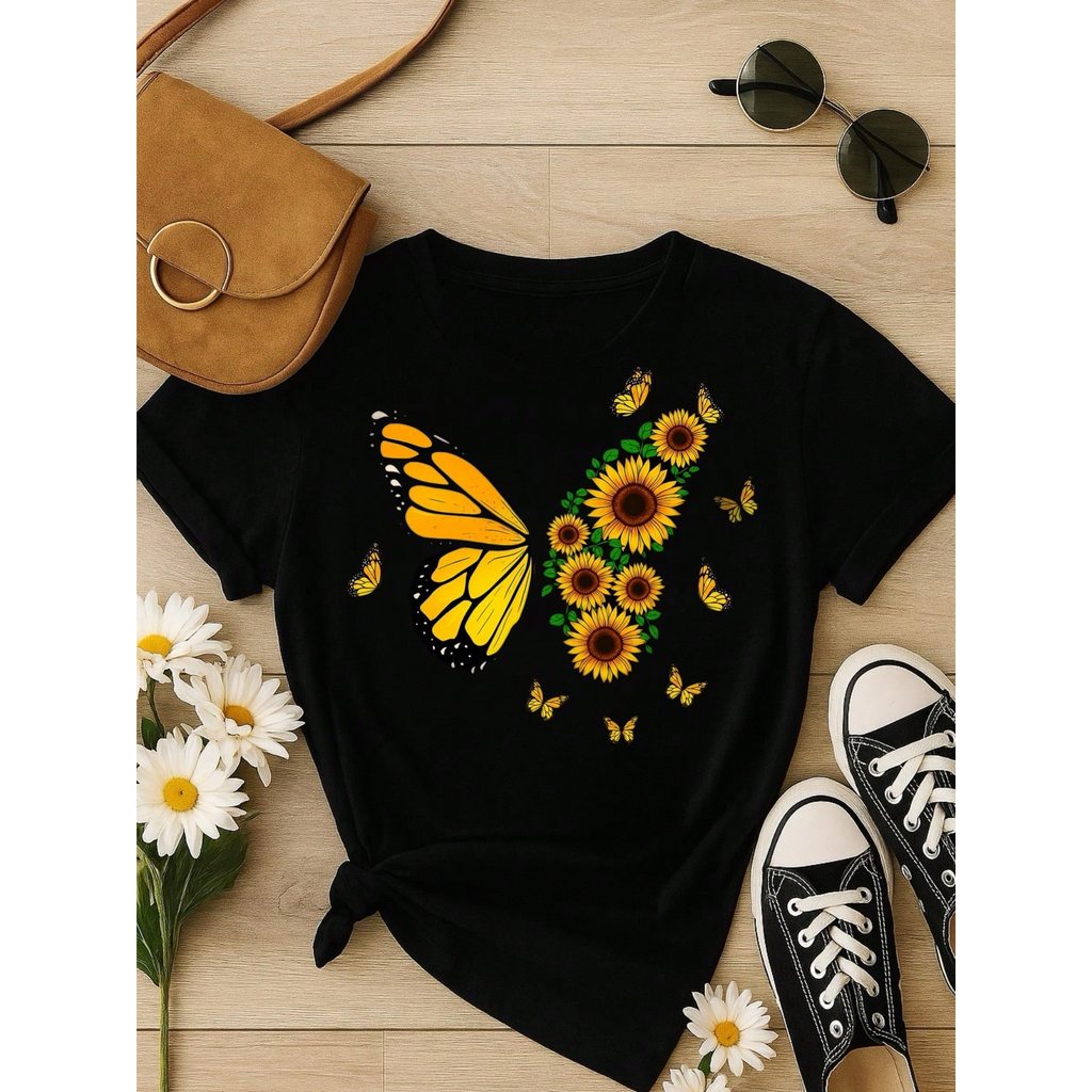 Blusa Feminina 100% Algodão – Borboleta & Girassol, Estampa Premium P M G GG